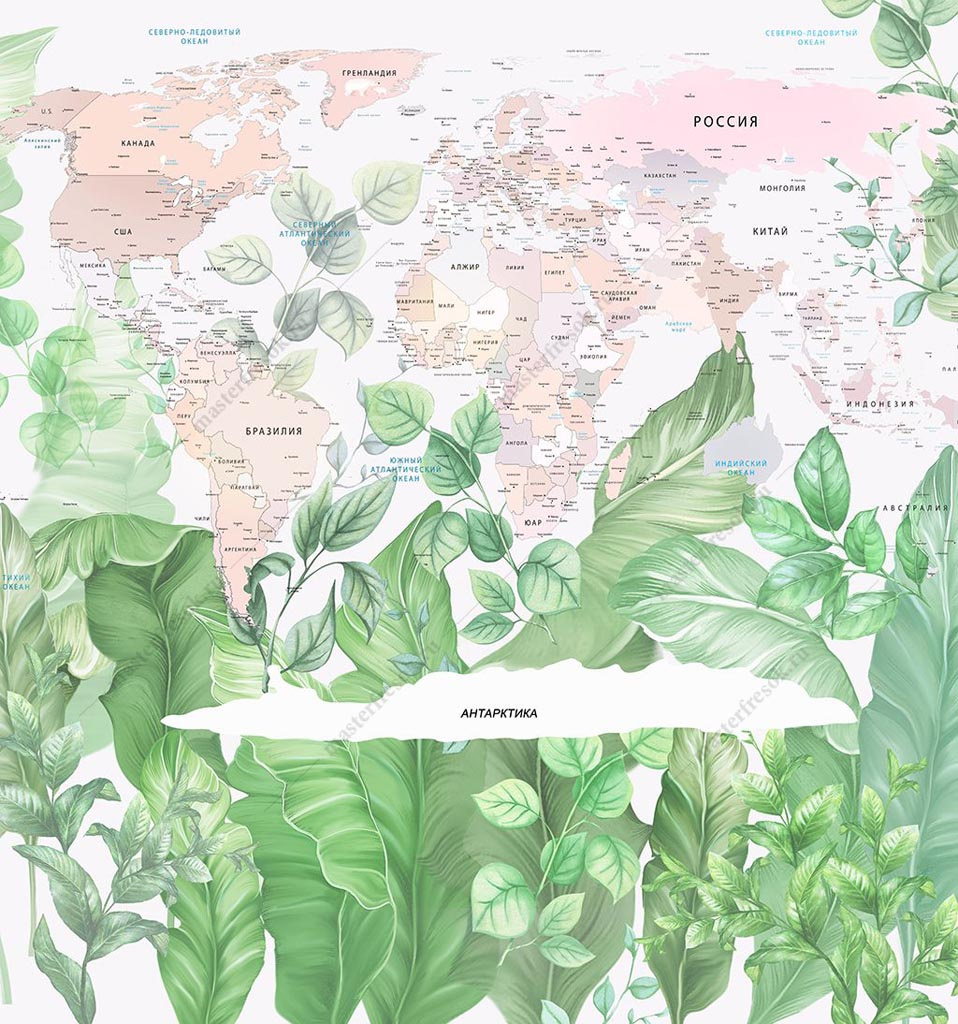 Фотообои Карта мира на фоне ярких листьев